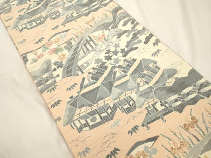 平和屋着物●両面　全通柄袋帯　小千谷紬　風景文　正絹　逸品　CABJ9450dy