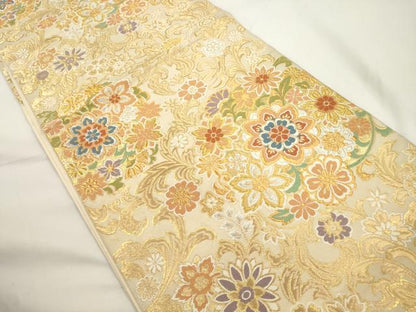 平和屋着物●西陣　服部織物謹製　六通柄袋帯　唐織　草花文　金銀糸　正絹　逸品　CABJ9452dy