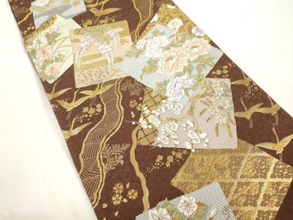 平和屋着物●六通柄袋帯　唐織　色紙重ね飛鶴花文　金糸　正絹　逸品　CABJ9455dy