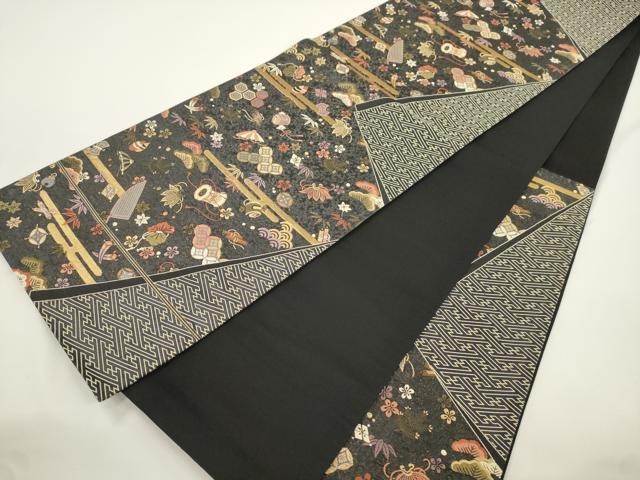 平和屋着物●六通柄袋帯　唐織　宝尽くし文　黒地　金糸　正絹　逸品　CABJ9458dy
