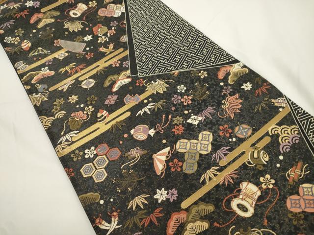 平和屋着物●六通柄袋帯　唐織　宝尽くし文　黒地　金糸　正絹　逸品　CABJ9458dy