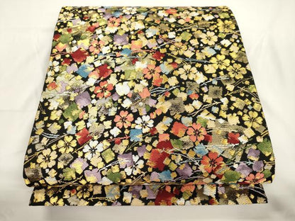 平和屋着物●六通柄袋帯　枝垂桜切金散し　黒地　金糸　正絹　逸品　CABJ9461dy