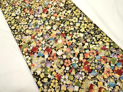 平和屋着物●六通柄袋帯　枝垂桜切金散し　黒地　金糸　正絹　逸品　CABJ9461dy