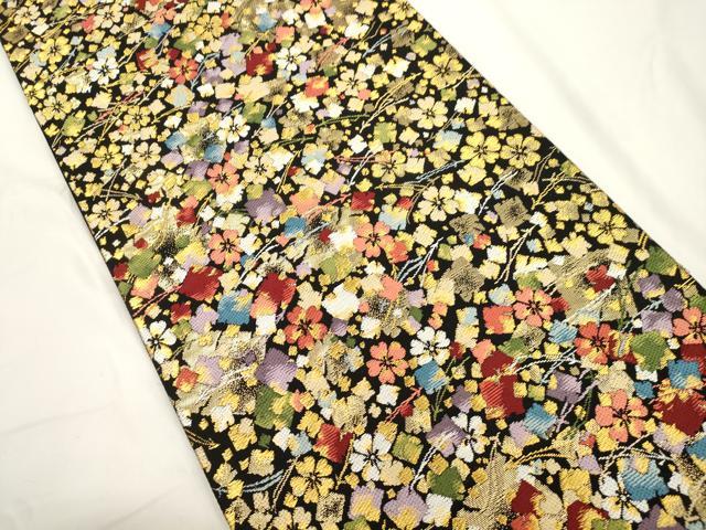 平和屋着物●六通柄袋帯　枝垂桜切金散し　黒地　金糸　正絹　逸品　CABJ9461dy