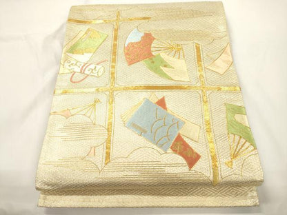 平和屋着物●西陣　川島織物　太鼓柄袋帯　駒刺繍　冊子扇面文　金糸　正絹　逸品　CABJ9472dy