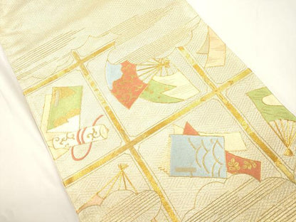 平和屋着物●西陣　川島織物　太鼓柄袋帯　駒刺繍　冊子扇面文　金糸　正絹　逸品　CABJ9472dy