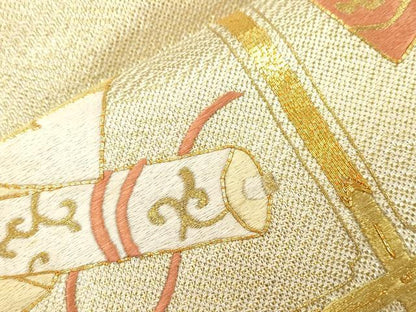 平和屋着物●西陣　川島織物　太鼓柄袋帯　駒刺繍　冊子扇面文　金糸　正絹　逸品　CABJ9472dy