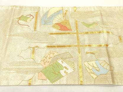 平和屋着物●西陣　川島織物　太鼓柄袋帯　駒刺繍　冊子扇面文　金糸　正絹　逸品　CABJ9472dy