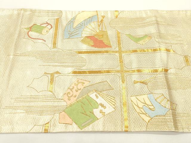 平和屋着物●西陣　川島織物　太鼓柄袋帯　駒刺繍　冊子扇面文　金糸　正絹　逸品　CABJ9472dy