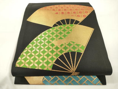 平和屋着物●桝屋高尾　九寸開き名古屋帯　扇面文　黒地　金糸　正絹　逸品　CABJ9491dy