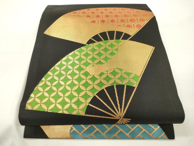平和屋着物●桝屋高尾　九寸開き名古屋帯　扇面文　黒地　金糸　正絹　逸品　CABJ9491dy