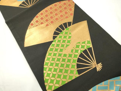 平和屋着物●桝屋高尾　九寸開き名古屋帯　扇面文　黒地　金糸　正絹　逸品　CABJ9491dy
