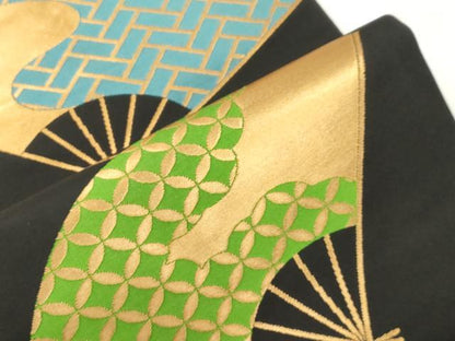 平和屋着物●桝屋高尾　九寸開き名古屋帯　扇面文　黒地　金糸　正絹　逸品　CABJ9491dy
