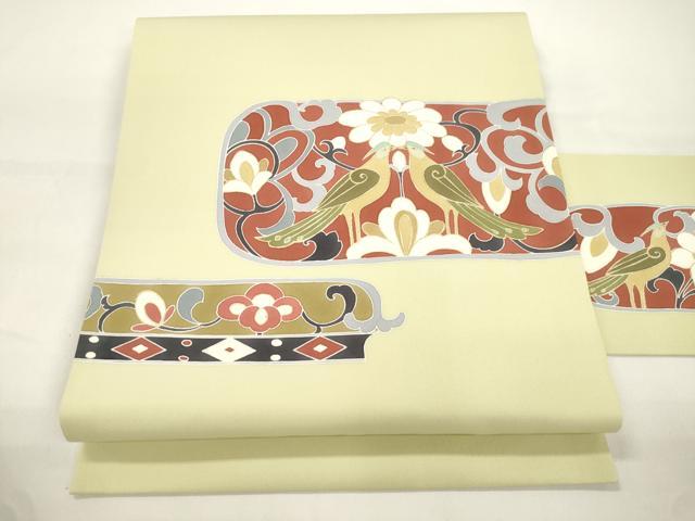 平和屋着物○塩瀬 九寸名古屋帯 花鳥文 金彩 正絹 逸品 CABJ9492dy