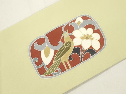 平和屋着物●塩瀬　九寸名古屋帯　花鳥文　金彩　正絹　逸品　CABJ9492dy