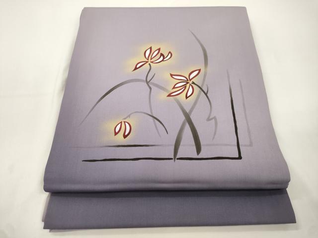 平和屋着物●塩瀬　九寸開き名古屋帯　手描き　草花文　金彩　正絹　逸品　CABJ9493dy