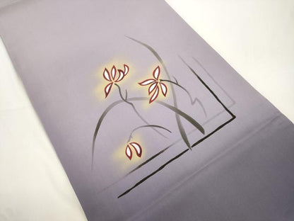 平和屋着物●塩瀬　九寸開き名古屋帯　手描き　草花文　金彩　正絹　逸品　CABJ9493dy