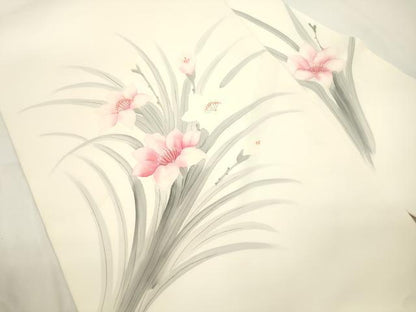 平和屋着物●塩瀬　九寸名古屋帯　手描き　草花文　正絹　逸品　CABJ9500dy