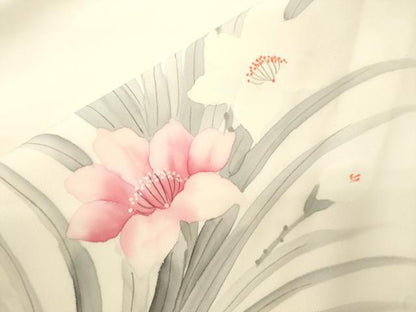 平和屋着物●塩瀬　九寸名古屋帯　手描き　草花文　正絹　逸品　CABJ9500dy