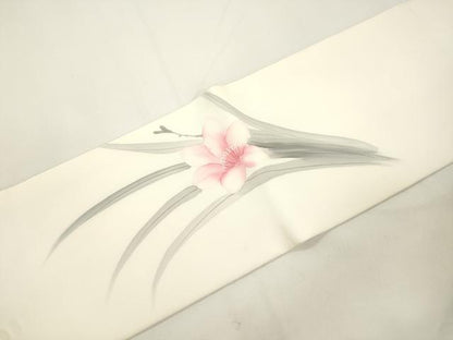 平和屋着物●塩瀬　九寸名古屋帯　手描き　草花文　正絹　逸品　CABJ9500dy