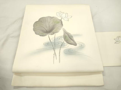 平和屋着物●塩瀬　九寸名古屋帯　手描き　睡蓮　正絹　逸品　CABJ9502dy