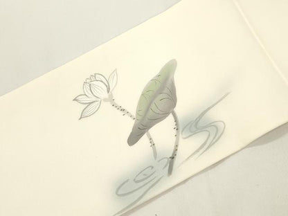 平和屋着物●塩瀬　九寸名古屋帯　手描き　睡蓮　正絹　逸品　CABJ9502dy