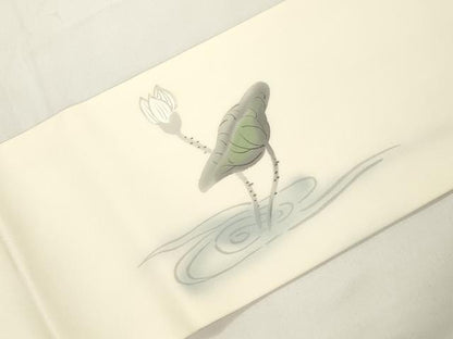 平和屋着物●塩瀬　九寸名古屋帯　手描き　睡蓮　正絹　逸品　CABJ9502dy