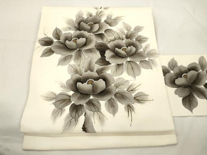 平和屋着物●塩瀬　九寸名古屋帯　手描き　草花文　正絹　逸品　CABJ9503dy