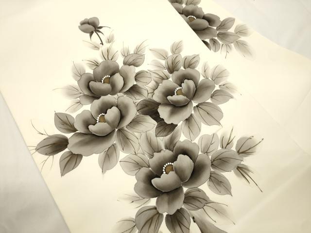 平和屋着物●塩瀬　九寸名古屋帯　手描き　草花文　正絹　逸品　CABJ9503dy