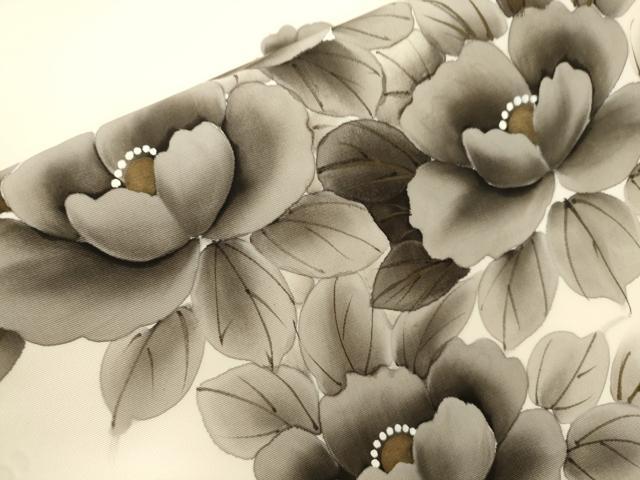 平和屋着物●塩瀬　九寸名古屋帯　手描き　草花文　正絹　逸品　CABJ9503dy
