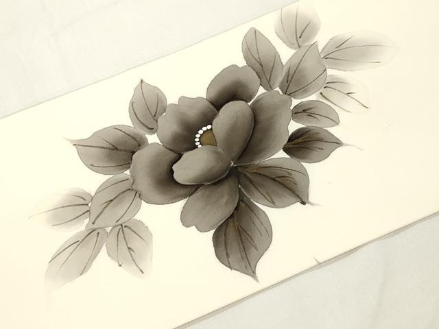 平和屋着物●塩瀬　九寸名古屋帯　手描き　草花文　正絹　逸品　CABJ9503dy