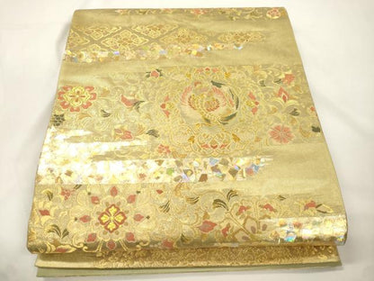 平和屋着物●金彩友禅作家　金彩の魔術師　堀省平　金煌織　太鼓柄袋帯　鳳凰花唐草文　金糸　正絹　逸品　CABJ9508dy
