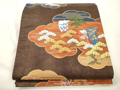 平和屋着物●六通柄袋帯　唐織　ボストン美術館　松樹帆掛舟文　金糸　正絹　逸品　CABJ9511dy