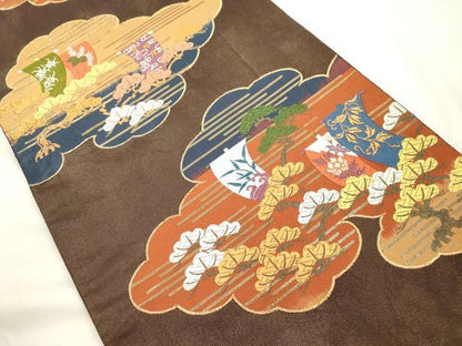 平和屋着物●六通柄袋帯　唐織　ボストン美術館　松樹帆掛舟文　金糸　正絹　逸品　CABJ9511dy