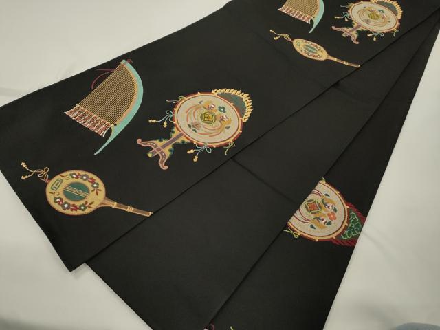 平和屋着物●西陣　鷹匠謹製　六通柄袋帯　楽器文　黒地　金糸　正絹　逸品　CABJ9513dy