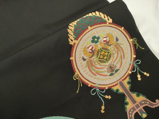 平和屋着物●西陣　鷹匠謹製　六通柄袋帯　楽器文　黒地　金糸　正絹　逸品　CABJ9513dy