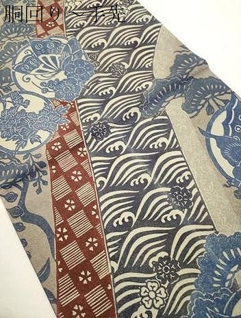 平和屋着物●金城紅型染工房　金城盛弘　本場琉球紅型　全通柄袋帯　立波花蝶丸文　金糸　正絹　逸品　CABJ9542dy