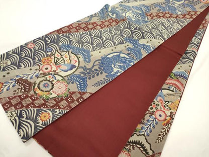 平和屋着物●金城紅型染工房　金城盛弘　本場琉球紅型　全通柄袋帯　立波花蝶丸文　金糸　正絹　逸品　CABJ9542dy