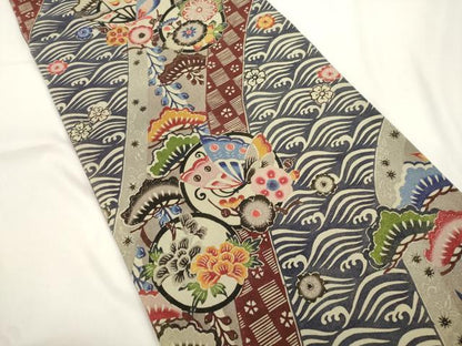 平和屋着物●金城紅型染工房　金城盛弘　本場琉球紅型　全通柄袋帯　立波花蝶丸文　金糸　正絹　逸品　CABJ9542dy