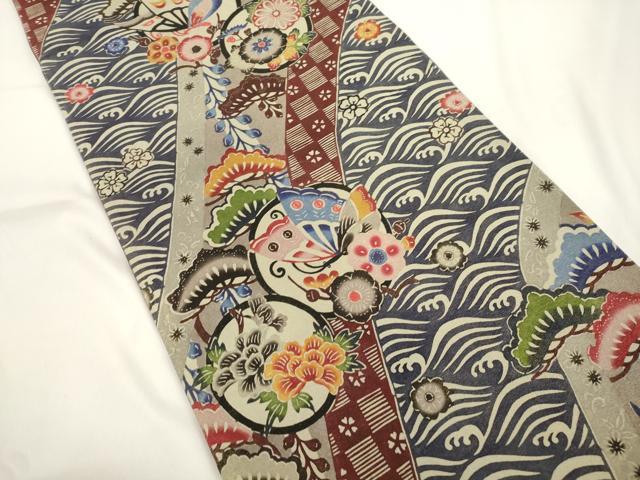 平和屋着物●金城紅型染工房　金城盛弘　本場琉球紅型　全通柄袋帯　立波花蝶丸文　金糸　正絹　逸品　CABJ9542dy
