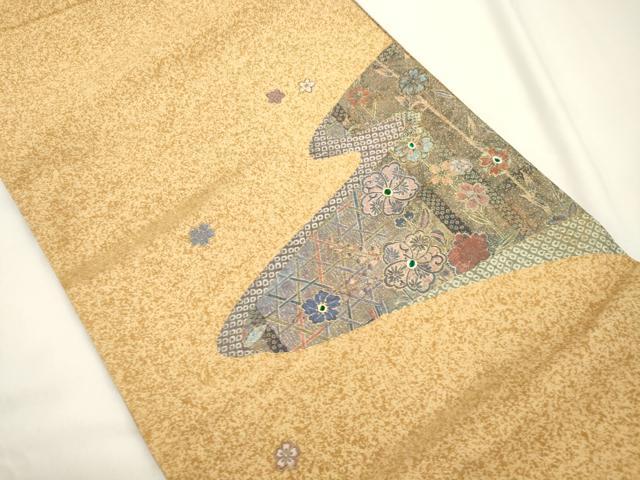 平和屋着物●太鼓柄袋帯　紬地　玉虫　草花文　金彩　正絹　逸品　CABJ9545dy