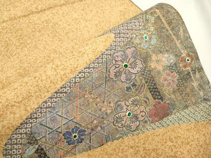 平和屋着物●太鼓柄袋帯　紬地　玉虫　草花文　金彩　正絹　逸品　CABJ9545dy