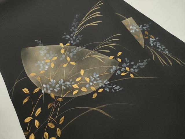 平和屋着物●塩瀬　九寸名古屋帯　手描き　草木文　黒地　金彩　正絹　逸品　CABJ9554dy