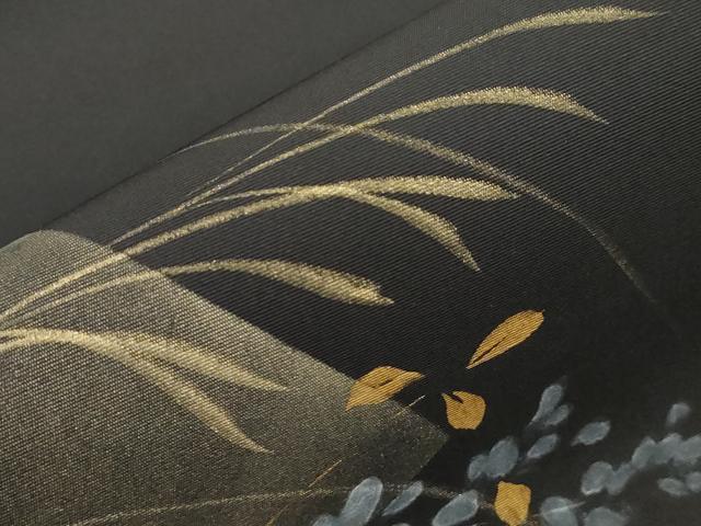 平和屋着物●塩瀬　九寸名古屋帯　手描き　草木文　黒地　金彩　正絹　逸品　CABJ9554dy