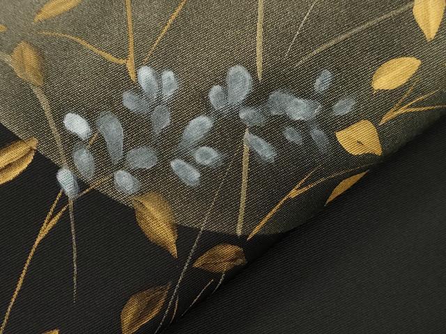 平和屋着物●塩瀬　九寸名古屋帯　手描き　草木文　黒地　金彩　正絹　逸品　CABJ9554dy