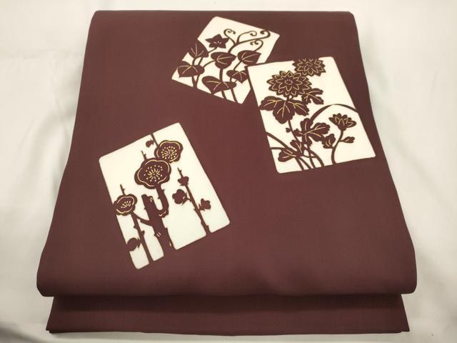 平和屋着物●塩瀬　九寸開き名古屋帯　草花文　金彩　正絹　逸品　CABJ9560dy