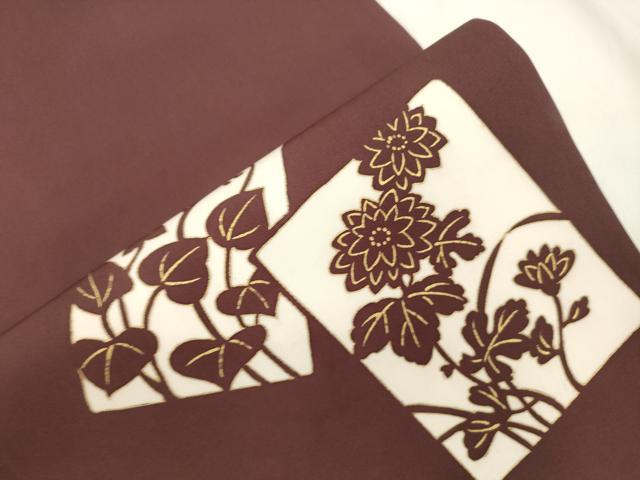 平和屋着物●塩瀬　九寸開き名古屋帯　草花文　金彩　正絹　逸品　CABJ9560dy