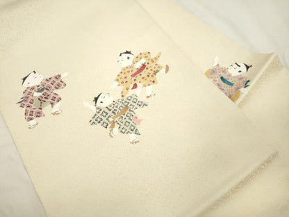 平和屋着物●九寸名古屋帯　童子遊び　銀通し地　正絹　逸品　CABJ9562dy