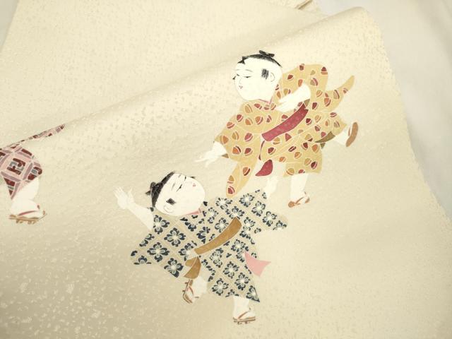 平和屋着物●九寸名古屋帯　童子遊び　銀通し地　正絹　逸品　CABJ9562dy