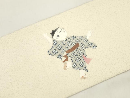 平和屋着物●九寸名古屋帯　童子遊び　銀通し地　正絹　逸品　CABJ9562dy